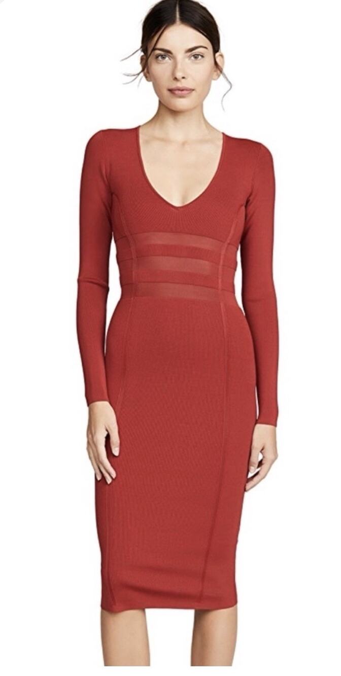 Good American Women's The Low Down Red V-Neck Knit Bodycon Midi Dress- Size 4/L